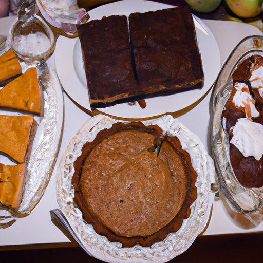 A spread of decadent desserts including pumpkin pie, apple crisp, and chocolate cake.