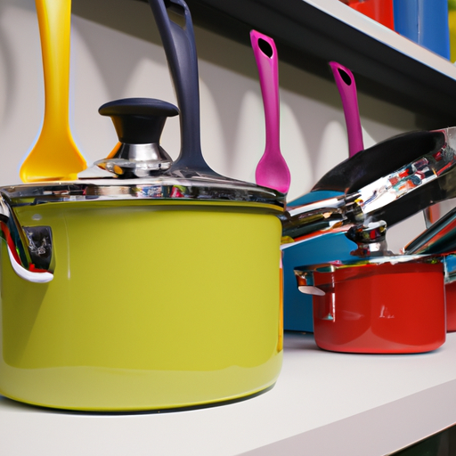 A colorful cookware set with various pots and pans, perfect for a well-equipped kitchen.