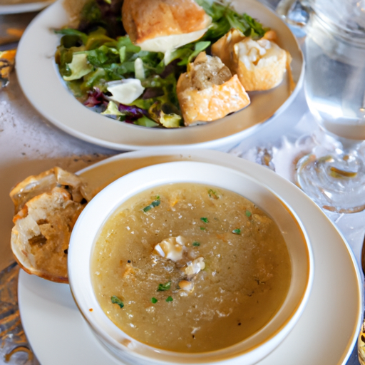 A beautifully set table with a bowl of Coastal Wedding Soup as the centerpiece, surrounded by crusty bread and a side salad.